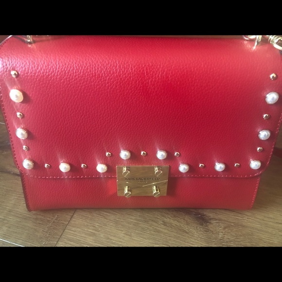 KARL LAGERFELD-NWT Red Leather Crossbody Handbag with Pearl Accents - Picture 6 of 16